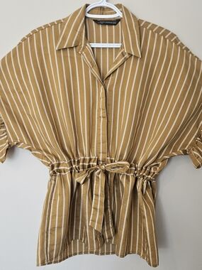 ZARA WOMAN Striped Cinch-Waist Button Shirt